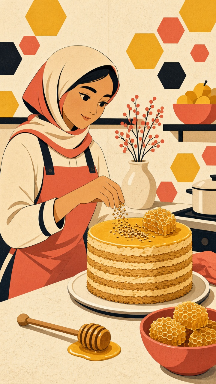 Illustrated baker in a yellow apron holding a tray of bread.