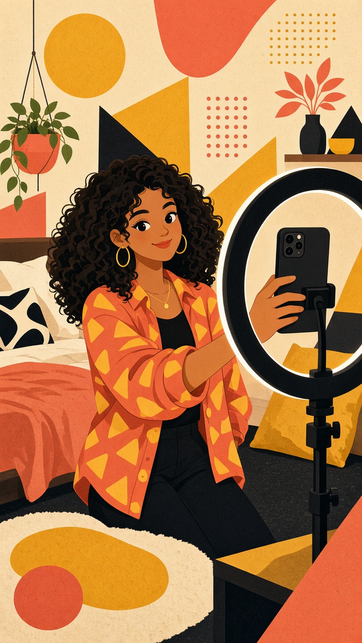 Illustrated creator with curly hair and a yellow jacket, smiling and holding a phone on a ring light.