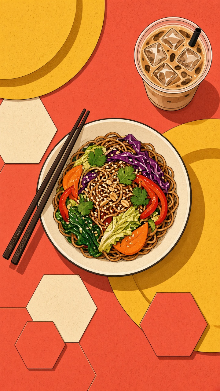 Illustrated cook in a yellow apron smiling beside a bowl of food.